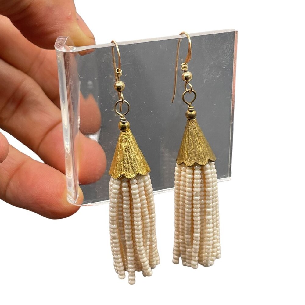Seed Beads Tassels Dangle Drop Earrings Gold Tone Wedding Events Dinner